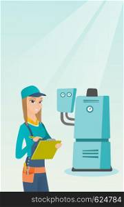Female caucasian plumber making some notes in her clipboard. Plumber inspecting heating system in boiler room. Female plumber in overalls at work. Vector flat design illustration. Vertical layout.. Confident plumber with clipboard.