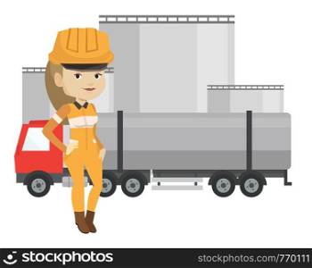 Female caucasian refinery worker of oil and gas industry. Young woman standing on the background of fuel truck and oil refinery plant. Vector flat design illustration isolated on white background.. Worker on background of fuel truck and oil plant.