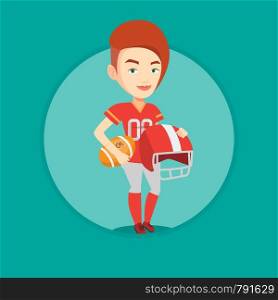 Female caucasian rugby player holding ball and helmet in hands. Full length of young smiling female rugby player in uniform. Vector flat design illustration in the circle isolated on background.. Rugby player vector illustration.