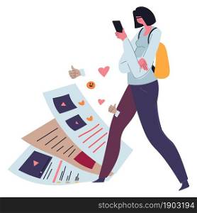 Female character addicted to social media looking at website pages and networks longing for likes. Addiction and problems of modern people. Lady walking with phone in hands. Vector in flat style. Social media addiction, woman using smartphone