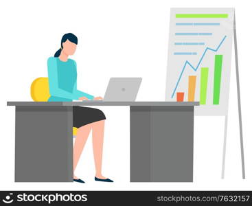Female character analyzing information on laptop, isolated personage. Business worker statistics and analysis of data and projects. Vector illustration in flat cartoon style. Woman Working on Laptop, Infochart on Board Vector