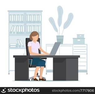 Female character at a desk with a laptop. Business woman or a clerk working with electronic document. Girl manager dressed formally, office worker workplace, enterpreneur performs work on a computer. Female character at a desk with a laptop. Business woman or a clerk working at her office table