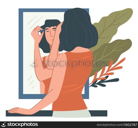 Female character at home tweezing and epilating eyebrows. Woman caring for look and style. Lady with tweezers making shape and form of brows. Femininity and spa procedures. Vector in flat style. Woman tweezing eyebrows at home, beauty and care