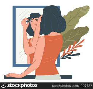 Female character at home tweezing and epilating eyebrows. Woman caring for look and style. Lady with tweezers making shape and form of brows. Femininity and spa procedures. Vector in flat style. Woman tweezing eyebrows at home, beauty and care