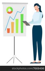 Female character at work vector, isolated woman wearing headphones. Business presentation analytics and stats, personage reading from document tablet. Woman with Headphones Business Concept Presenter