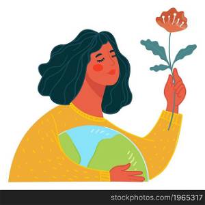 Female character caring for nature, woman cherishing plants and botany enjoying blossom of flower. Lady holding globe planet earth in hands. Environment and ecology protection. Vector in flat style. Woman enjoying flourishing of flower, eco friendly