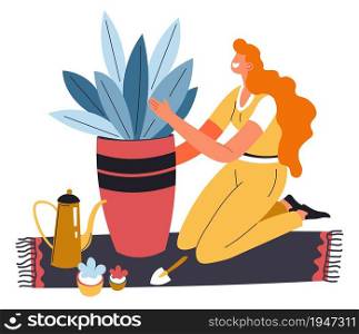 Female character caring for plants with long leaves in pot. Woman maintaining flower health, gardening hobby and household chores of young housewife at home. Vector in flat style illustration. Housewife caring for plant, gardening hobby vector
