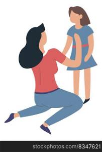 Female character caring for preteen daughter, fixing the dress or cuddling. Love and motherhood, warm feelings and relationships of mom and kiddo. Happy childhood, vector in flat style illustration. Mother taking care of preteen daughter vector