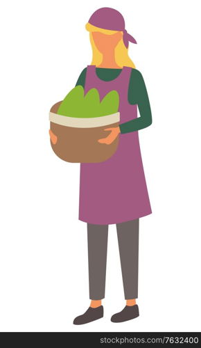 Female character carrying harvested fruits and veggies in basket, isolated woman with hat on head. Farming personage with organic meal production. Vector illustration in flat cartoon style. Woman with Basket and Gathered Greenery Vector