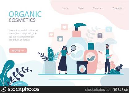 Female character choosing natural cosmetics and eco products. Various large bottles and tubes. Concept of organics cosmetics, skincare and makeup. Landing page template. Flat vector illustration. Female character choosing natural cosmetics and eco products. Various large bottles and tubes