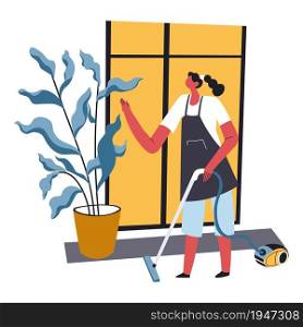 Female character cleaning apartment hoovering carpets and tidying floor. Vacuuming housewife wiping dust from leaves of big leafy plant in pot. Cleanup of maid or worker. Vector in flat style. Woman hoovering carpets and floor at home vector