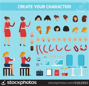Female Character Constructor Flat Composition. Colored female character constructor flat composition with create your character headline vector illustration