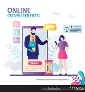 Female character consults online with professional lawyer. Male lawyer advises client by smartphone. Advocate holds lawbook and communicates with woman. Legal consultation concept. Vector illustration