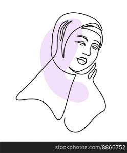 Female character continuous line portrait, isolated Muslim woman wearing hijab, traditional Islam outfit. The religious personage in scarf, modest smiling girl in profile. Vector in flat style. Muslim woman wearing hijab, portrait of a lady