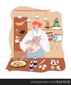 Female character cooking omelet in kitchen at home, woman preparing food for breakfast or lunch. Dieting and balanced nutrition with fats and proteins, morning chores for housewife. Vector in flat. Housewife preparing breakfast home, woman cooking