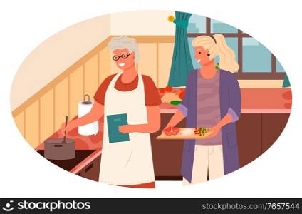 Female character cooking with senior lady. Woman giving cut veggies to granny. Grandmother preparing soup, using spoon to mix liquid. Granddaughter helping at home kitchen. Vector in flat style. Senior Woman and Adult Lady Cooking in Kitchen