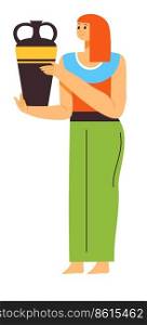 Female character discovering ancient egyptian civilization holding old urn in hands. Burial vase with gold ornament and adornment. Amphora and egypt culture design. Vector in flat style illustration. Woman holding ancient egyptian urn or vase vector