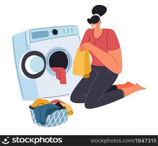 Female character doing daily chores and everyday routine. Isolated lady sitting by washing machine with basket with clothes for cleaning. Caring for cleanliness and tidiness. Vector in flat style. Woman sorting clothes for washing machine cleaning