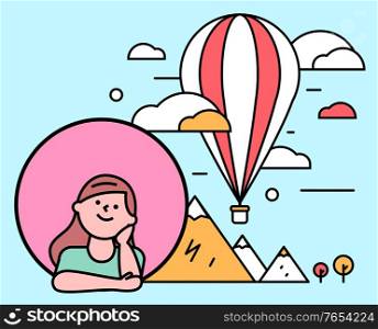 Female character dreaming of traveling around world. Girl and ht air balloon with egyptian pyramids. Kid longing for discoveries and exploration. Vacation or weekends abroad, vector in flat style. Cute Girl Dreaming of Traveling and Discoveries