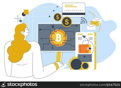 Female character exchanging or converting bitcoin into dollar, financial operation with assets online. Woman with computer and virtual wallets deal with savings for investments. Vector in flat. Woman using bitcoin currency for online shopping