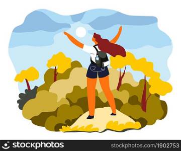 Female character filled with emotions of freedom and success standing on high summit stretching arms. Proud woman on top of mountains looking at trees and sun up in sky. Vector in flat style. Woman stretching arms standing on mountains top