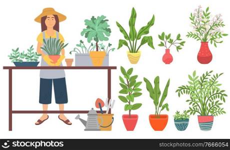 Female character growing plants vector, woman with floral decor in pots. Wooden shelves, watering can and shovel, instruments for gardening hobby. Farming Woman with Plants, Gardening Planting