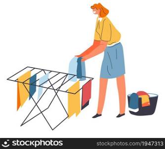 Female character hanging wet clothes at line for drying it. Isolated housewife doing chores and work, cleaning and tidying up. Hygiene and cleanliness of apartment and garment. Vector in flat style. Woman hanging washed wet clothes for drying vector