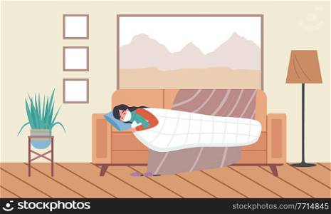Female character having a cold and lying on the sofa. Masked woman is sick vector illustration. Girl is being treated for flu with different medicines in apartment. Self-isolation patient at home. Female character having a cold and lying in bed. Masked woman is sick at home vector illustration