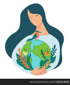 Female character holding planet earth in hands protecting environment and nature from pollution and harm. Foliage and bird, flora and fauna unity. Ecologically friendly people. Vector in flat style. Protecting nature and environment of planet woman
