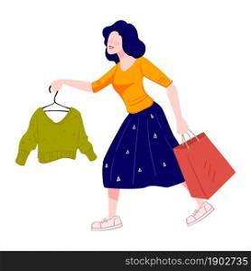 Female character holding sweater on hanger intending to buy. Shopping persona using sale and discounts from shops and stores. Consumerism or hobby of lady spending money. Vector in flat style. Shopping woman rushing to buy clothes in shop