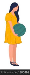 Female character holding watermelon, choosing at market, buying berry or selling product. Harvesting season in autumn, farmer with ripe fruit. Agriculture and farming in summer, vector in flat style. Woman carrying watermelon, harvesting selling or buying berry