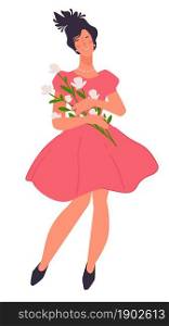 Female character holding wildflowers in hands. Lady with bouquet wearing dress for special occasion. Woman celebrating holiday or returning from date. Greeting with spring events. Vector in flat style. Elegant woman holding bouquet of flowers vector