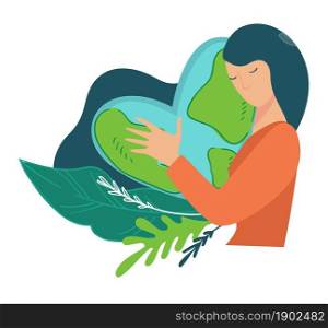 Female character hugging heart shaped earth planet with oceans and lands. Woman caring for environment and ecology, decorative foliage and lush leaves protection conservation. Vector in flat style. Care for planet, woman hugging heart shaped earth