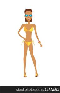 Female Character in Bikini and Sunglasses Illustration. Female character in bikini and sunglasses vector flat design illustration. Beautiful woman ready for summer vacation ant beach entertainments standing isolated on white background.