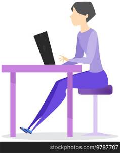 Female character in business suit working at computer. Woman sitting with laptop surfing internet. Manager uses modern technology for work at desktop, table. Clerk, office worker at workplace. Female character in business suit working at computer. Woman sitting with laptop surfing internet