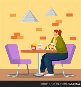 Female character in casual clothes sitting in fastfood restaurant. Woman eating burger, potato and drinking. Cafe place with fast snack and beverage. Person with hamburger in coffeehouse vector. Woman Eating Burger in Fastfood Restaurant Vector