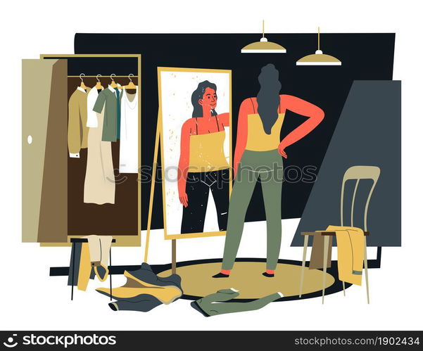 Female character in changing room looking at apparel and outfit at mirror. Woman with clothes choosing clothing for evening. Content lady in trousers and simple t shirt. Vector in flat style. Woman looking at mirror in changing room vector