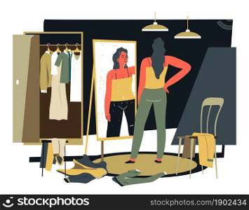 Female character in changing room looking at apparel and outfit at mirror. Woman with clothes choosing clothing for evening. Content lady in trousers and simple t shirt. Vector in flat style. Woman looking at mirror in changing room vector