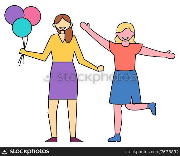 Female character in good mood vector, isolated people with balloons in hands. Girls celebrating holidays, birthday or special occasion. Decoration inflatable objects filled with helium flat style. Female Happy Characters Friends with Balloons