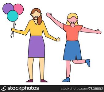 Female character in good mood vector, isolated people with balloons in hands. Girls celebrating holidays, birthday or special occasion. Decoration inflatable objects filled with helium flat style. Female Happy Characters Friends with Balloons