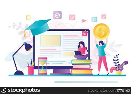 Female character investing money in education. Student sitting with laptop and upgrade skills. Investment in knowledge concept. Learning student. Educative credit scholarship. Flat vector illustration. Female character investing money in education. Student sitting with laptop and upgrade skills. Investment in knowledge concept.
