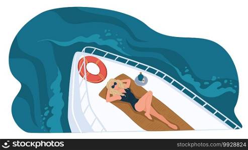 Female character laying on vessel, summertime leisure and vacation on yacht. Personage sunbathing by inflatable lifebuoy. Rich woman resting outdoors. Trip and traveling. Vector in flat style. Summer vacation leisure in yacht, woman on boat