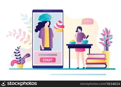 Female character learns to cook using online courses. Pastry chef with cupcake on smartphone screen. Woman bakes with tutorial video. Concept of baking online classes. Flat vector illustration. Female character learns to cook using online courses. Pastry chef with cupcake on smartphone screen. Woman bakes with tutorial video