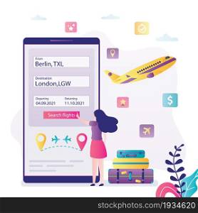 Female character looking tickets for travel. Flight search application on smartphone screen. Woman traveler with luggage buys tickets online. Internet technology for trips. Flat vector illustration. Female looking tickets for travel. Flight search application on smartphone. Woman traveler with luggage buys tickets online.