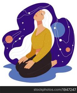 Female character meditating and relaxing, unity with nature, cosmos and universe. Woman sitting surrounded by planets and stars, constellations and celestial body. Vector in flat style illustration. Meditation and unity with universe and cosmos