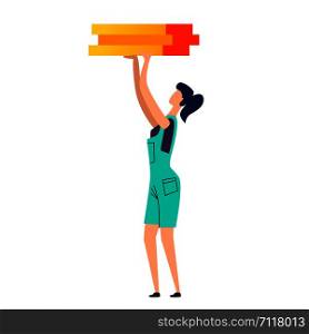 Female character moves cargo cartoon vector. Worker, woman in casual wear take load in hand, lift up and moves it to another place, person isolated on white background. Female character moves cargo cartoon vector