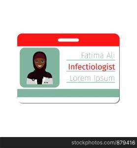 Female character of infectiologist medical specialist badge template for game design or medicine industry. Vector illustration. Female infectiologist medical specialist badge