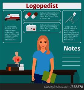 Female character of logopedist and medical equipment icons with infographics elements for medical and pharmaceutical industry. Female logopedist and medical equipment icons