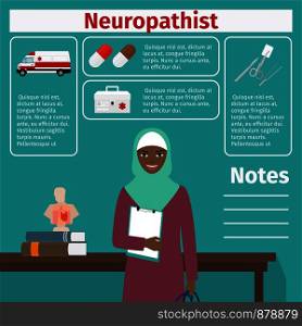 Female character of neuropathist and medical equipment icons with infographics elements for medical and pharmaceutical industry. Vector illustration. Female neuropathist and medical equipment icons