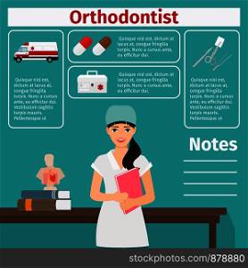 Female character of orthodontist and medical equipment icons with infographics elements for medical and pharmaceutical industry. Vector illustration. Female orthodontist and medical equipment icons